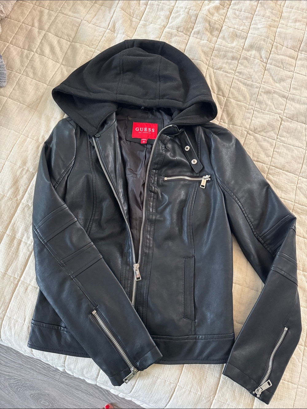 GUESS Black Faux Leather Hooded Moto Jacket Women’s XS
